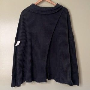 NWOT Free People Waffle Knit Thermal Split Back Cowl Neck Sweater Black Medium